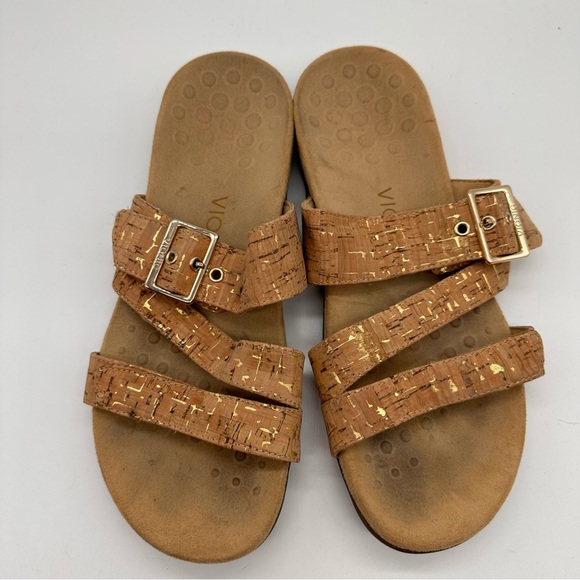 Vionic Skylar Tan Gold Sparkle Double Strap Mules Sandals 9 - Picture 1 of 8